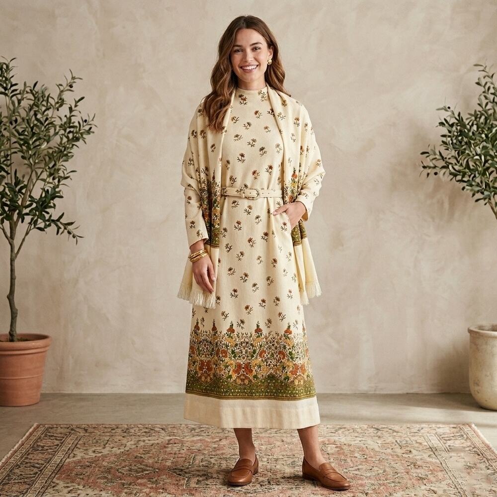 Jeanne Durrell Vintage Neutral 3 Piece Floral Long Sleeve Dress Scarf & Belt